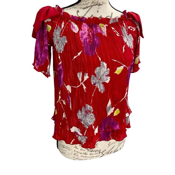 NEW Banana Republic Women's Blouse Red Satin Floral Bow Off-the-Shoulder Top XS - Picture 1 of 10